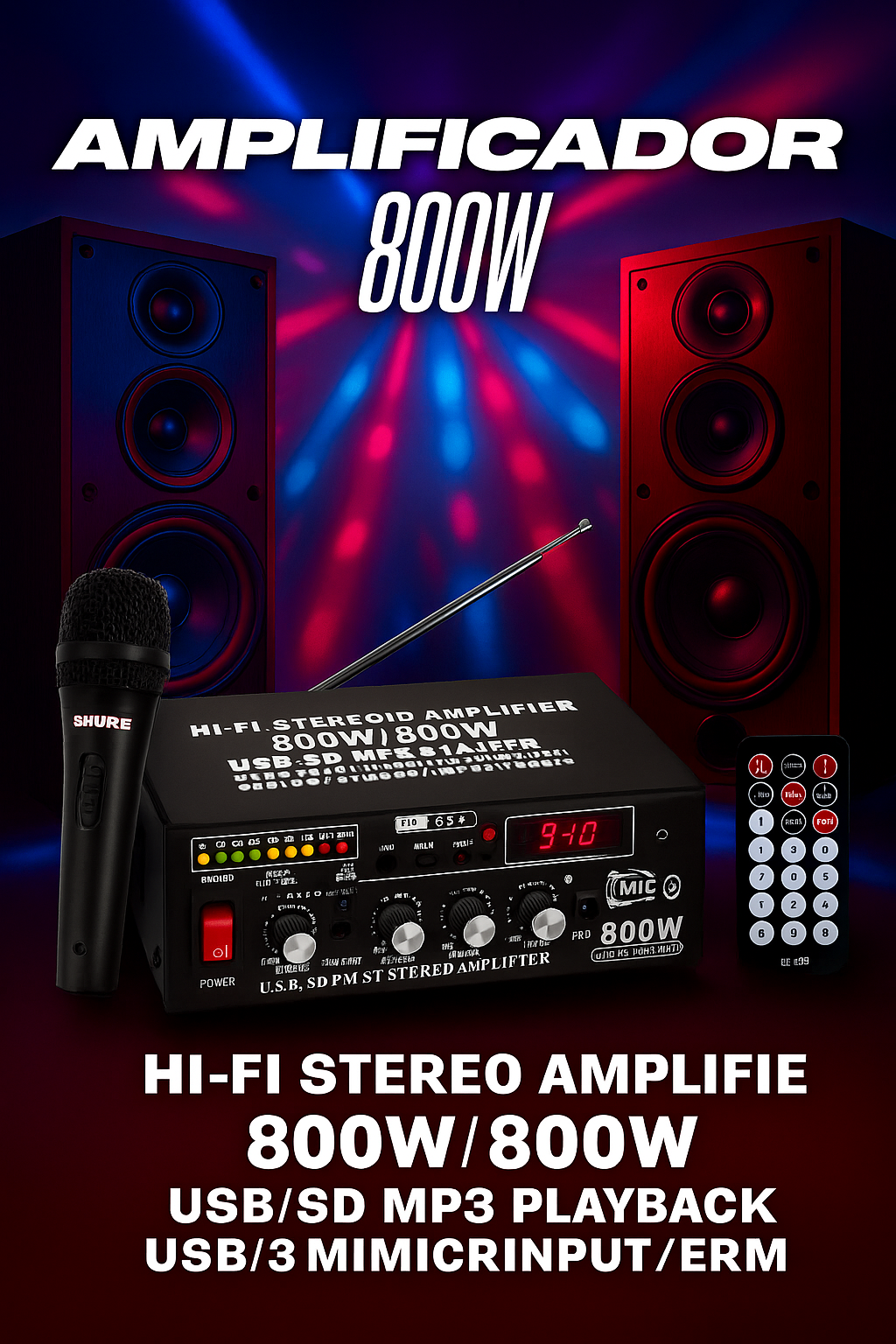 Amplificador de Sonido 800W – Profesional Todo en Uno con Bluetooth y USB
