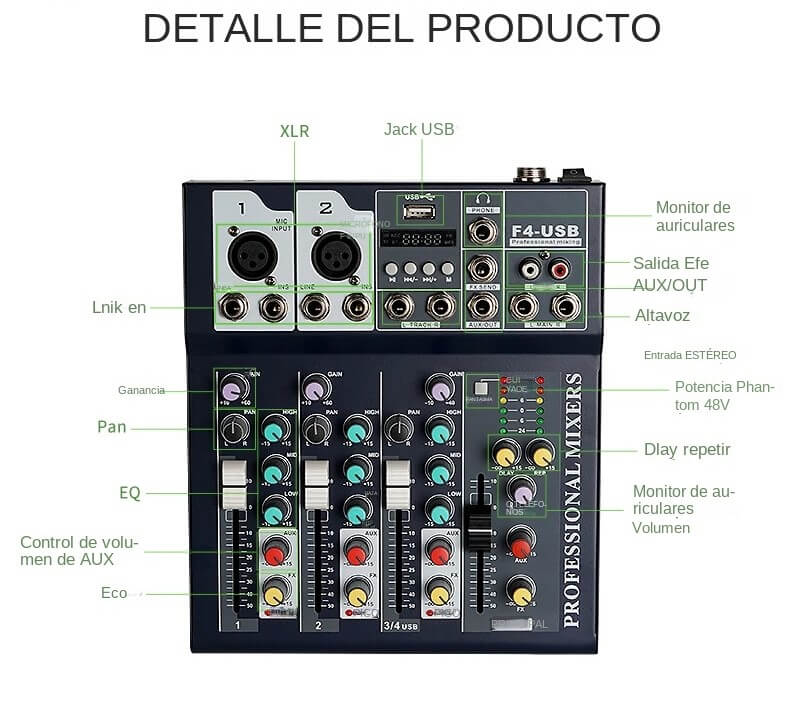 Consola Mezcladora de Audio 4 Canales – Profesional con Bluetooth