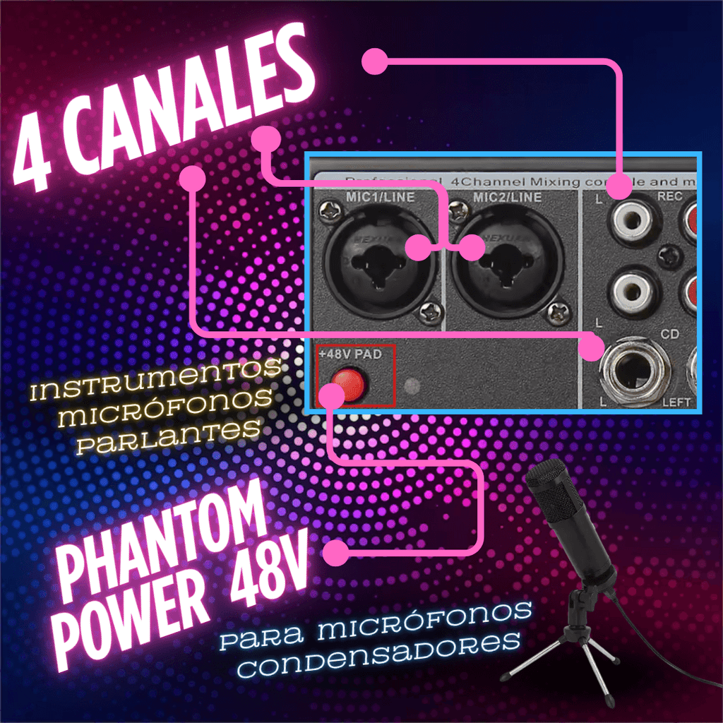 Consola de Sonido Profesional 4Canales con Bluetooth + 2 Micrófonos