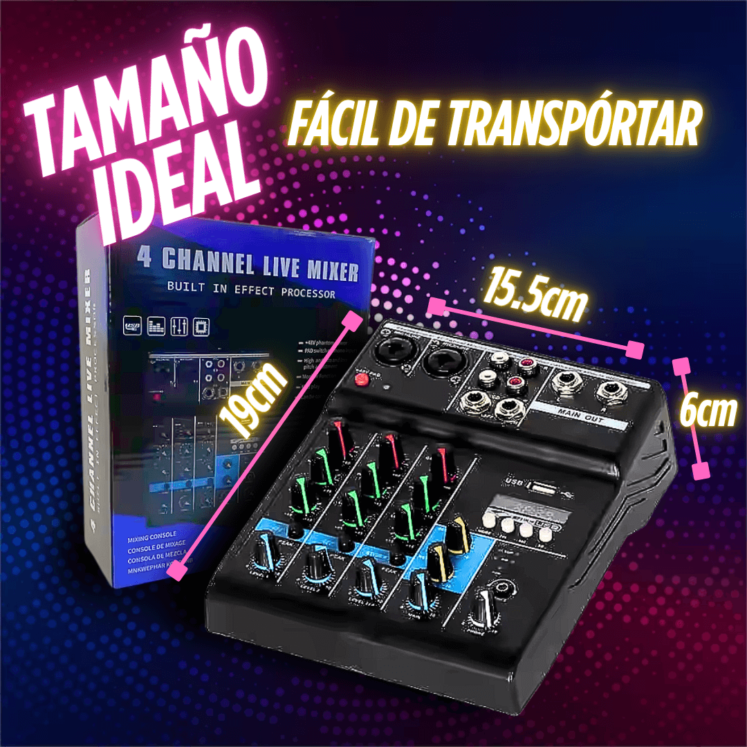 Consola de Sonido Profesional 4Canales con Bluetooth + 2 Micrófonos