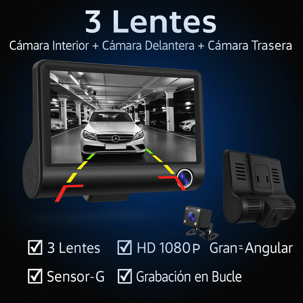 Cámara para Auto 3 en 1 Full HD con Pantalla – Frontal y Trasera
