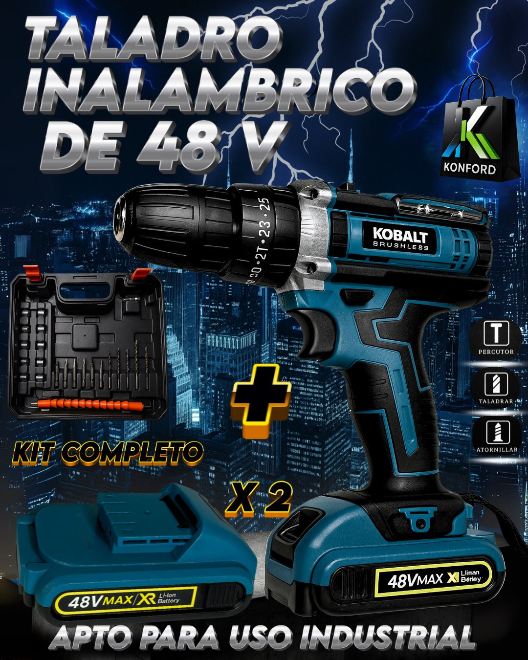 Potente Taladro inalámbrico 48v + accesorios