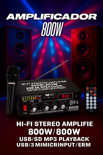 Amplificador de Sonido 800W – Profesional Todo en Uno con Bluetooth y USB