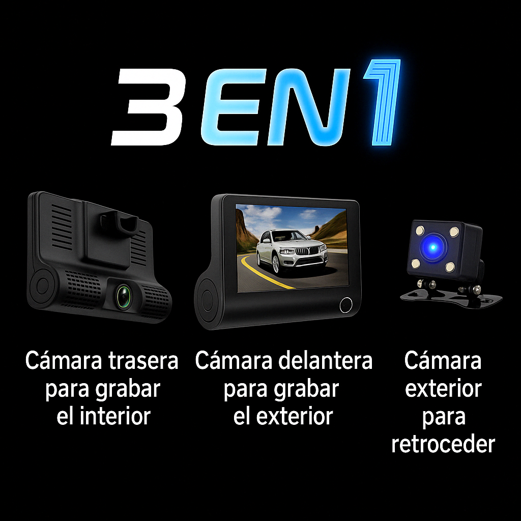 Cámara para Auto 3 en 1 Full HD con Pantalla – Frontal y Trasera