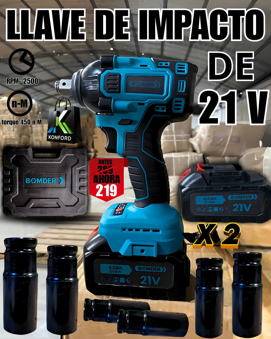 Potente llave de impacto de 21 v doble batería