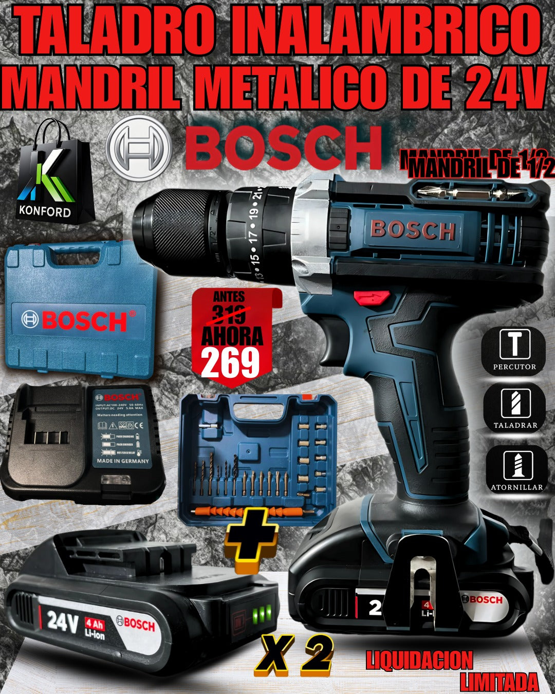 Taladro Mandril Metalico De 24v Bosch