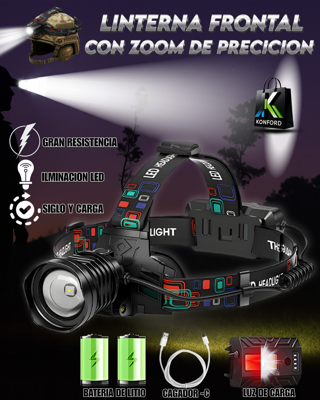 Linterna Profesional Frontal LED con Zoom de Precisión