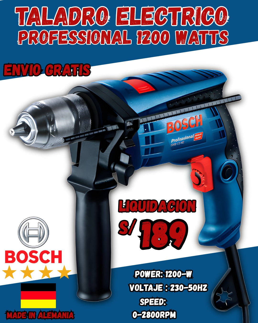 TALADRO ELECTRICO PROFESIONAL BOSH 1200W