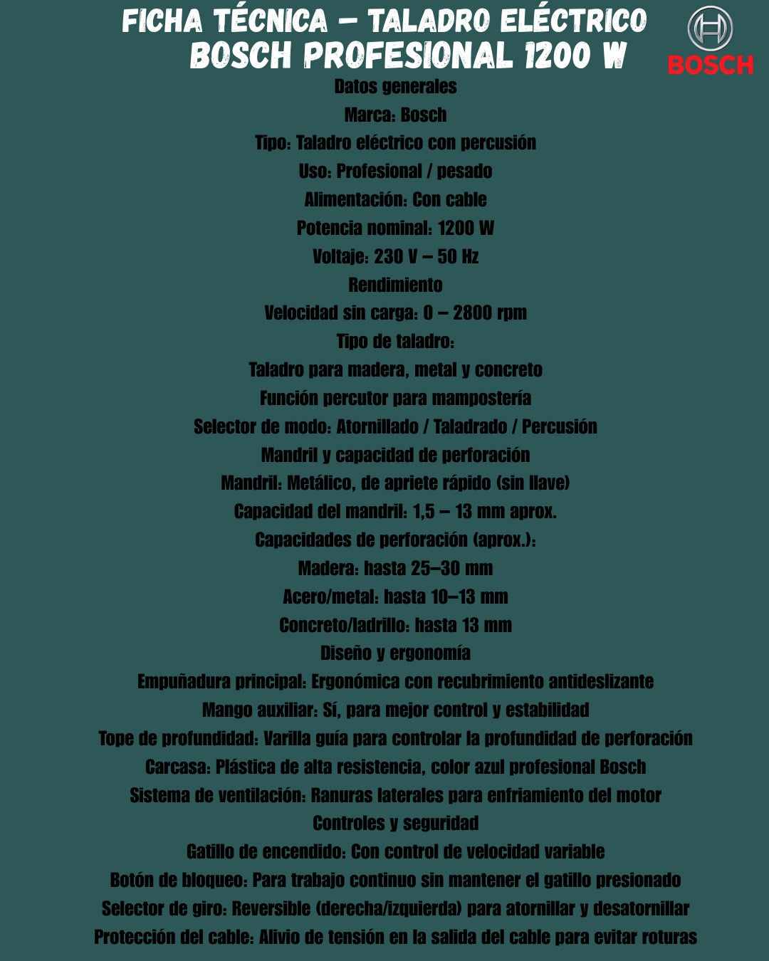 TALADRO ELECTRICO PROFESIONAL BOSH 1200W