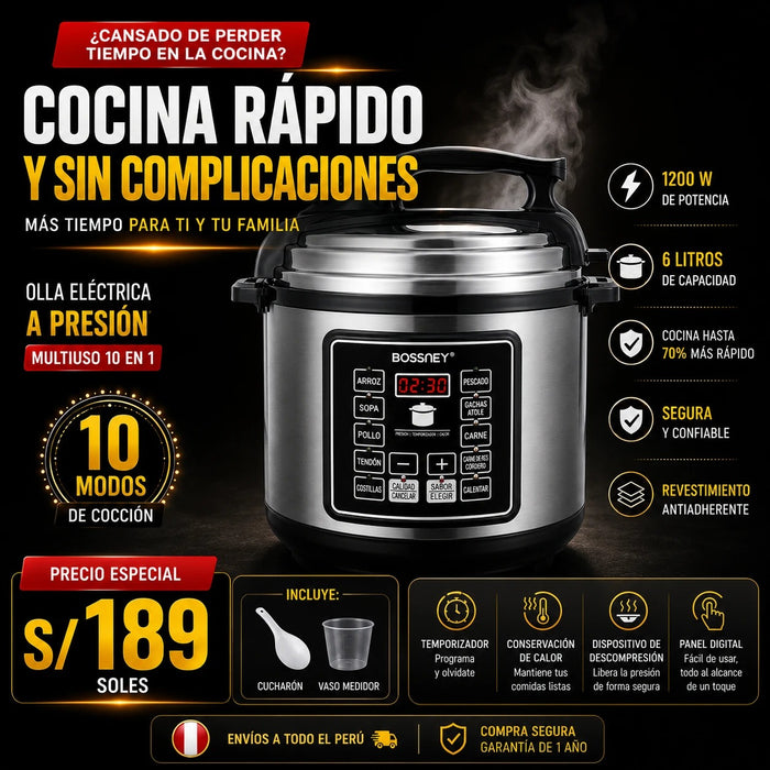 Olla Eléctrica a Presión Multiuso 10 en 1 Bossney