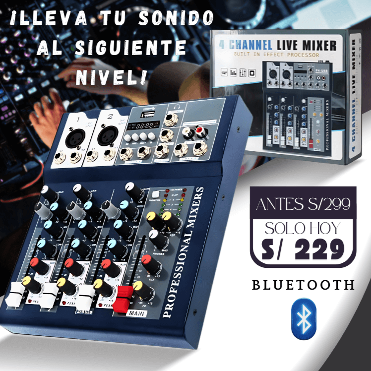 Consola Mezcladora de Audio 4 Canales – Profesional con Bluetooth