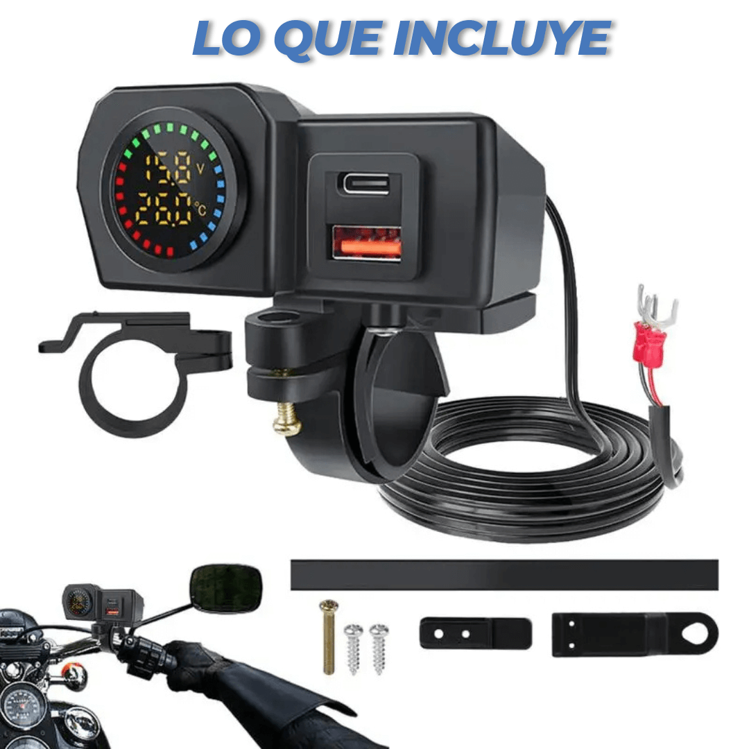 Cargador Moto USB + Tipo C con Voltímetro – Incluye Guantes