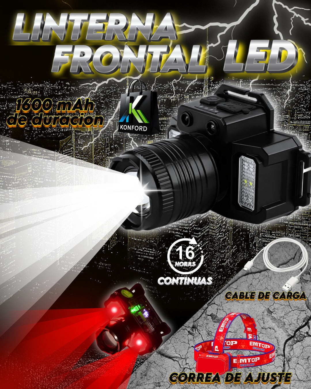 Linterna Frontal LED  1800 mAh / 400–600 m Alcance