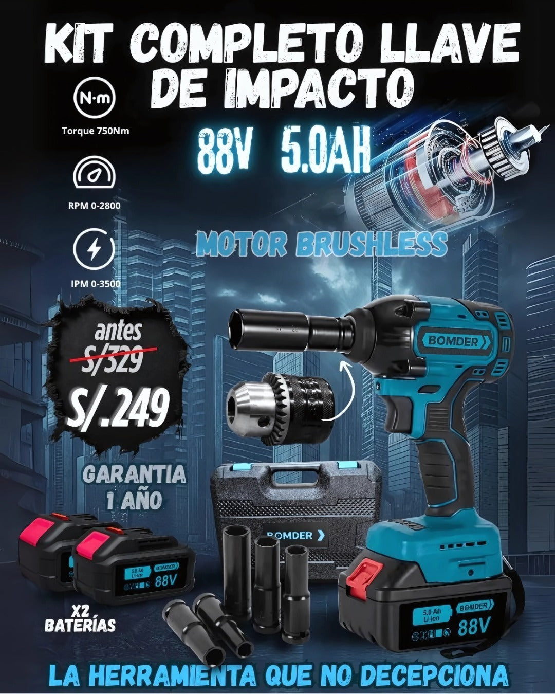 Llave De Impacto 88V Doble Bateria