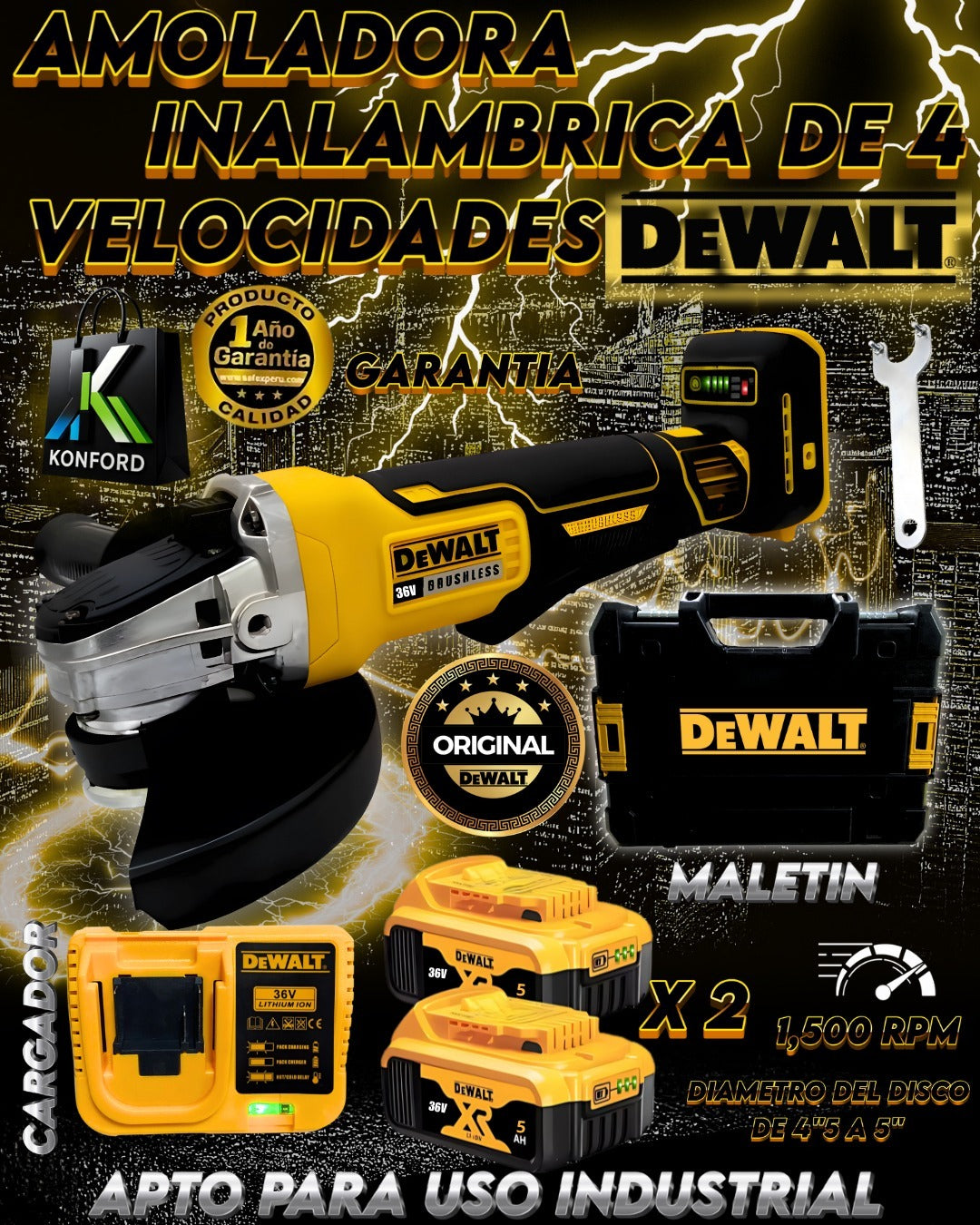 Amoladora DeWalt 36V Inalámbrica – 4 Velocidades PRO