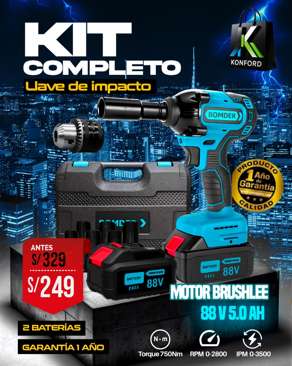 Llave De Impacto 88V Doble Bateria